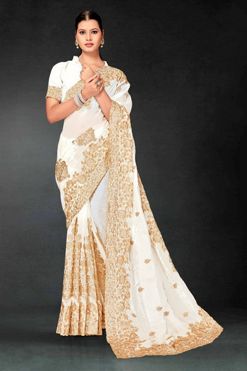 Lovely White Color Silk Fabric Partywear Saree
