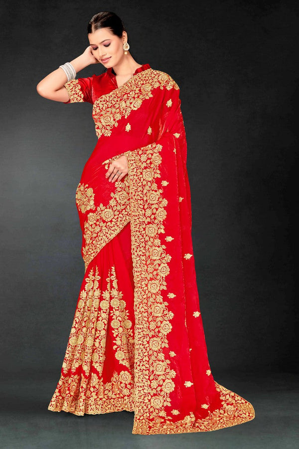 Lovely Red Color Silk Fabric Partywear Saree