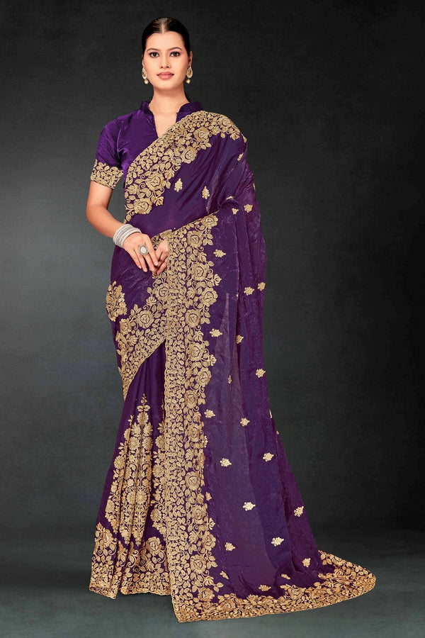 Lovely Purple Color Silk Fabric Partywear Saree