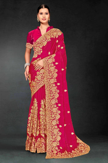 Lovely Magenta Color Silk Fabric Partywear Saree