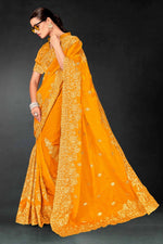 Lovely Mustard Color Silk Fabric Partywear Saree