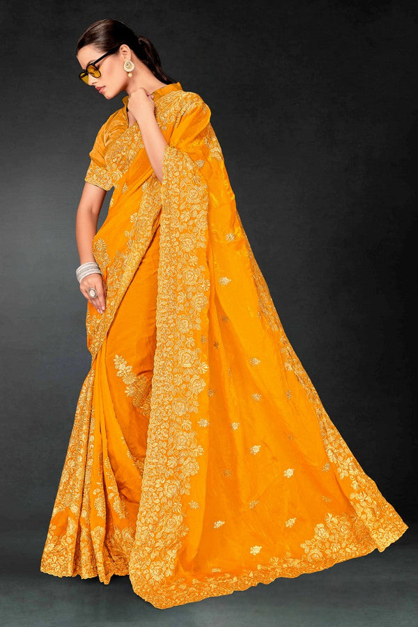 Lovely Mustard Color Silk Fabric Partywear Saree