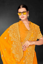 Lovely Mustard Color Silk Fabric Partywear Saree