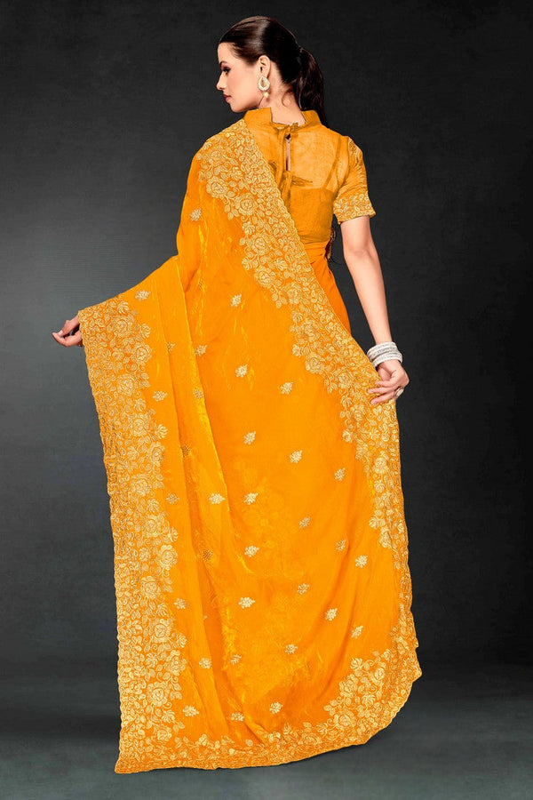 Lovely Mustard Color Silk Fabric Partywear Saree