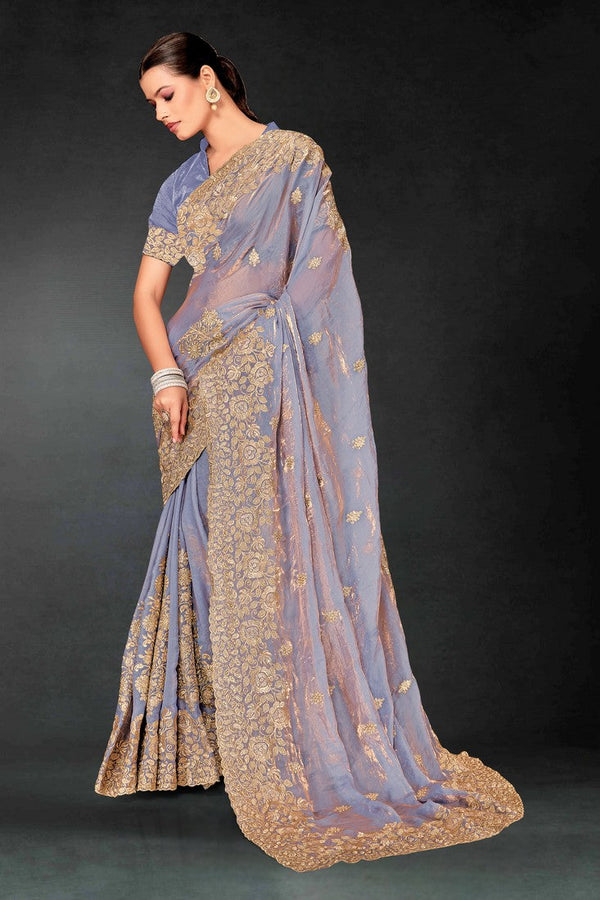 Lovely Grey Color Silk Fabric Partywear Saree