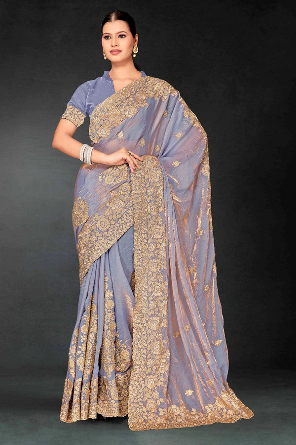 Lovely Grey Color Silk Fabric Partywear Saree