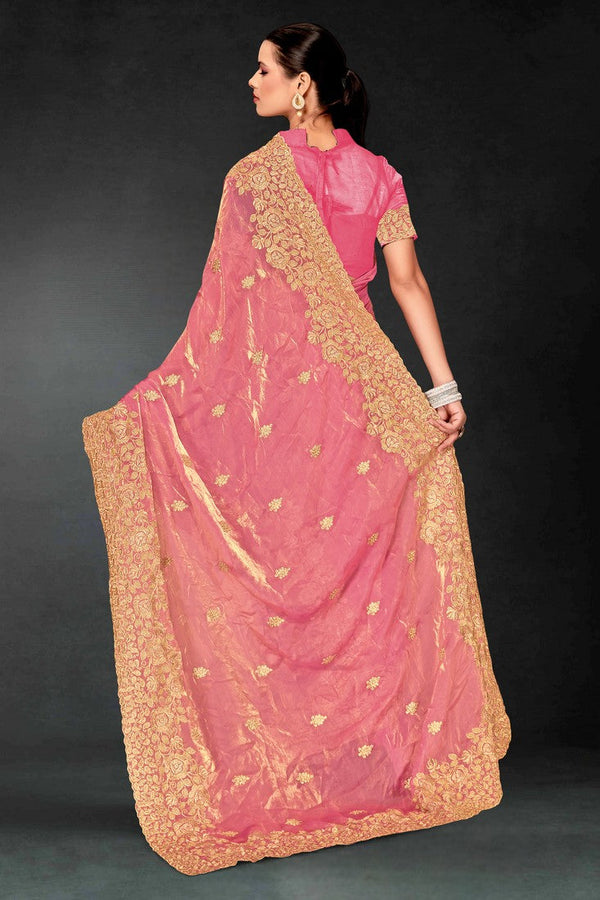 Lovely Pink Color Silk Fabric Partywear Saree