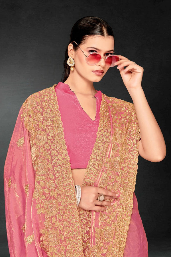 Lovely Pink Color Silk Fabric Partywear Saree