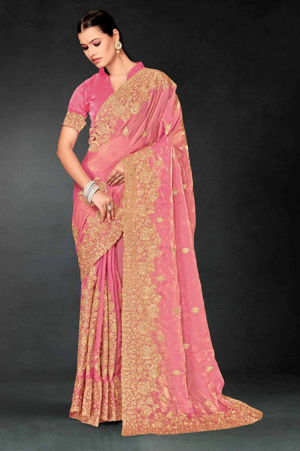 Lovely Pink Color Silk Fabric Partywear Saree