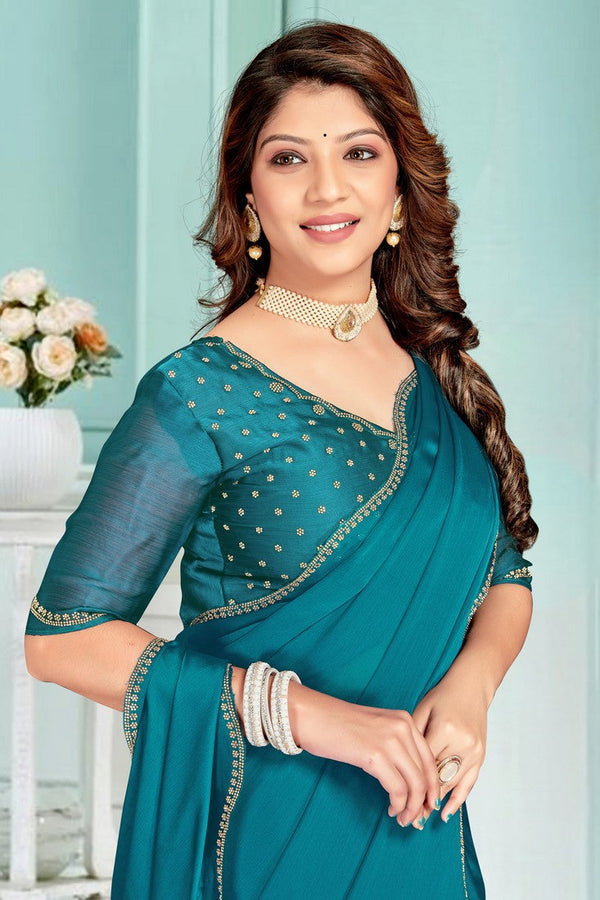Beauteous Teal Color Chiffon Fabric Designer Saree