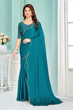 Beauteous Teal Color Chiffon Fabric Designer Saree