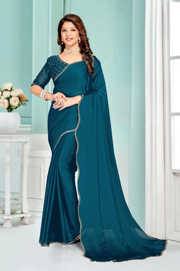 Beauteous Teal Color Chiffon Fabric Designer Saree
