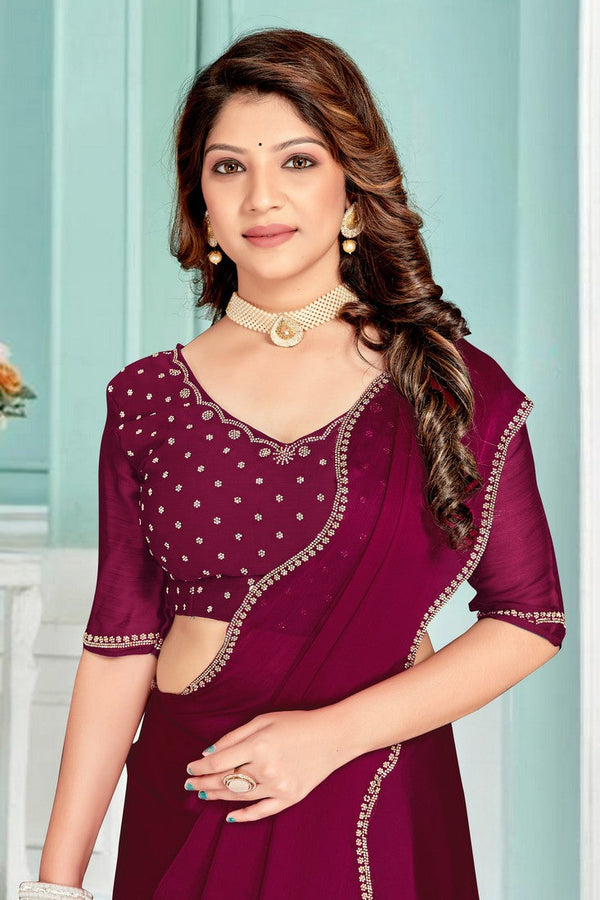 Beauteous Wine Color Chiffon Fabric Designer Saree
