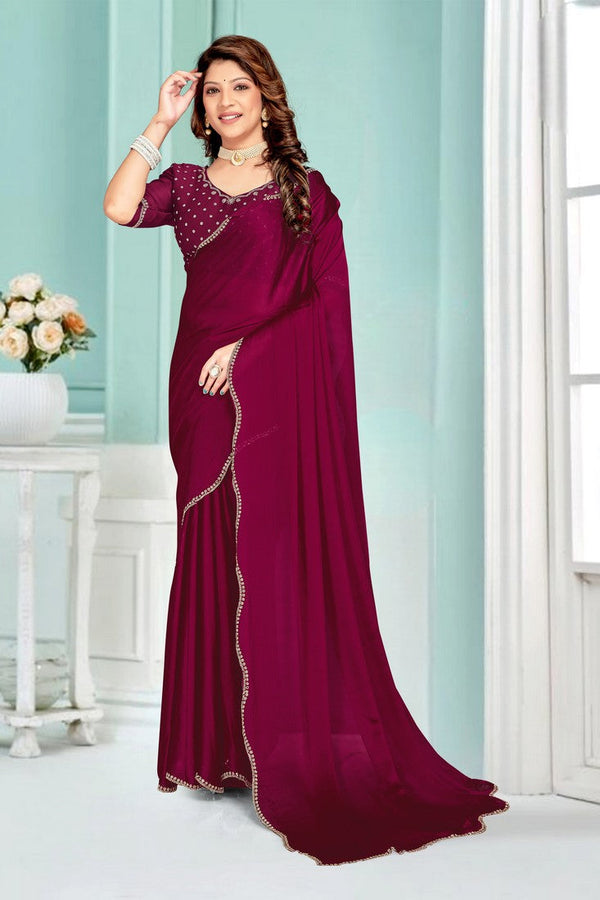 Beauteous Wine Color Chiffon Fabric Designer Saree