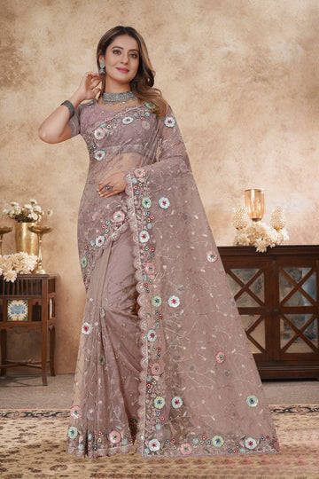 Angelic Beige Color Net Fabric Partywear Saree