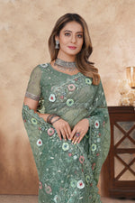 Angelic Green Color Net Fabric Partywear Saree