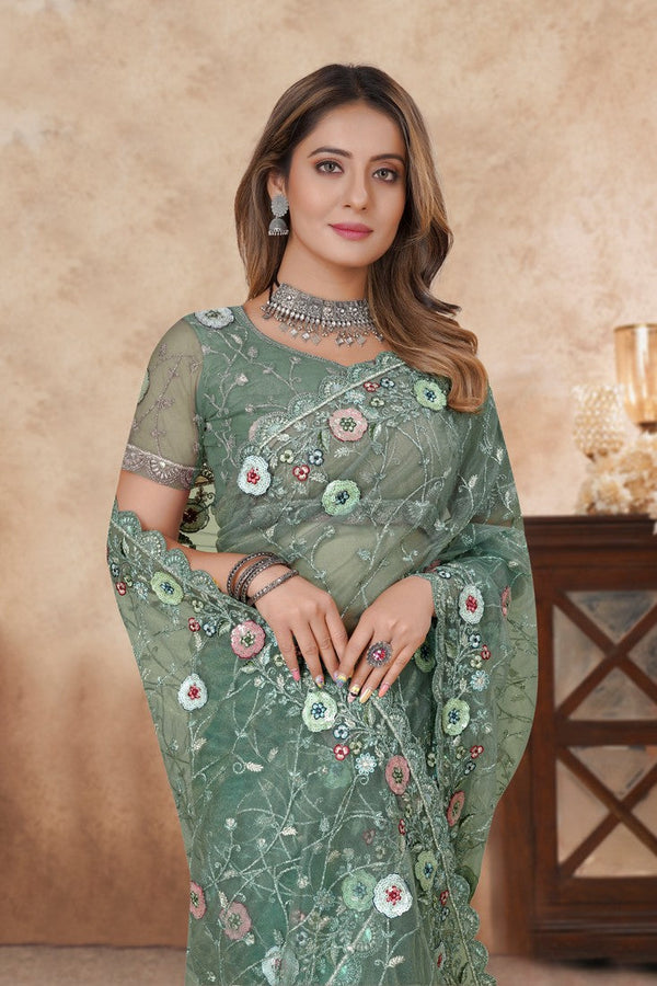 Angelic Green Color Net Fabric Partywear Saree