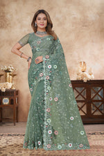 Angelic Green Color Net Fabric Partywear Saree