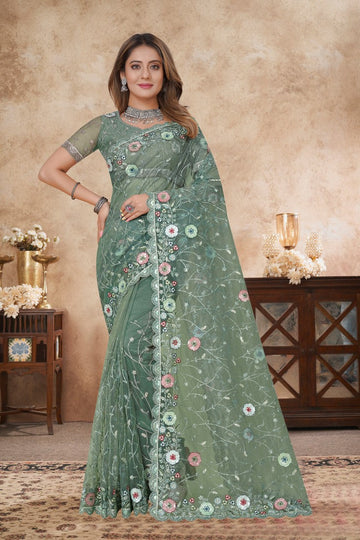 Angelic Green Color Net Fabric Partywear Saree