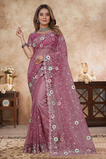 Angelic Pink Color Net Fabric Partywear Saree