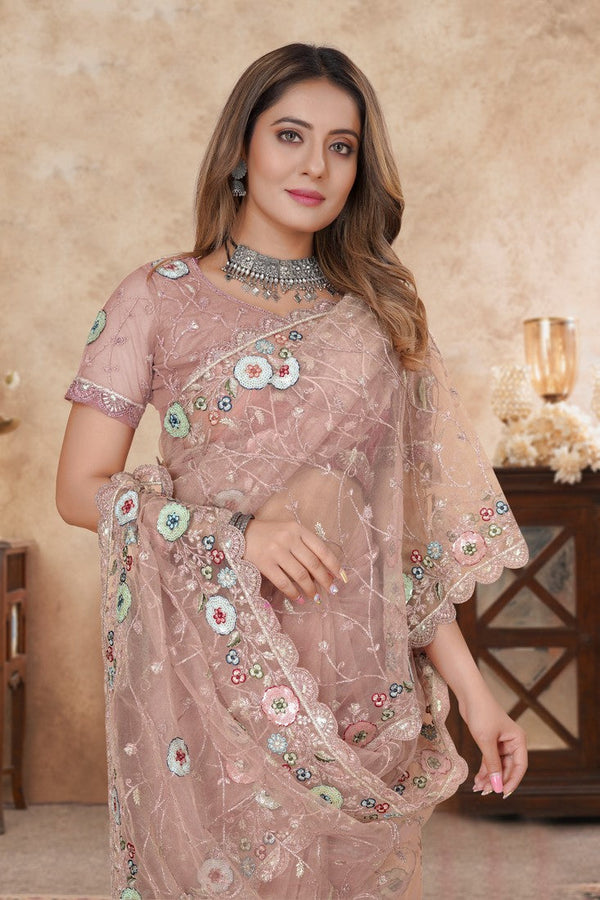 Angelic Peach Color Net Fabric Partywear Saree