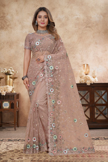 Angelic Peach Color Net Fabric Partywear Saree