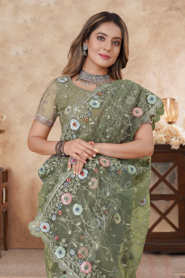 Angelic Green Color Net Fabric Partywear Saree