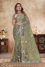Angelic Green Color Net Fabric Partywear Saree