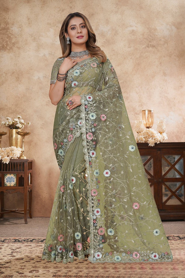 Angelic Green Color Net Fabric Partywear Saree