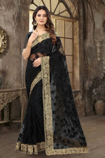 Dazzling Black Color Net Fabric Partywear Saree