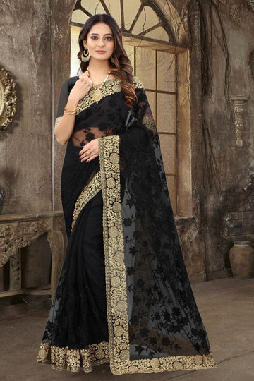 Dazzling Black Color Net Fabric Partywear Saree