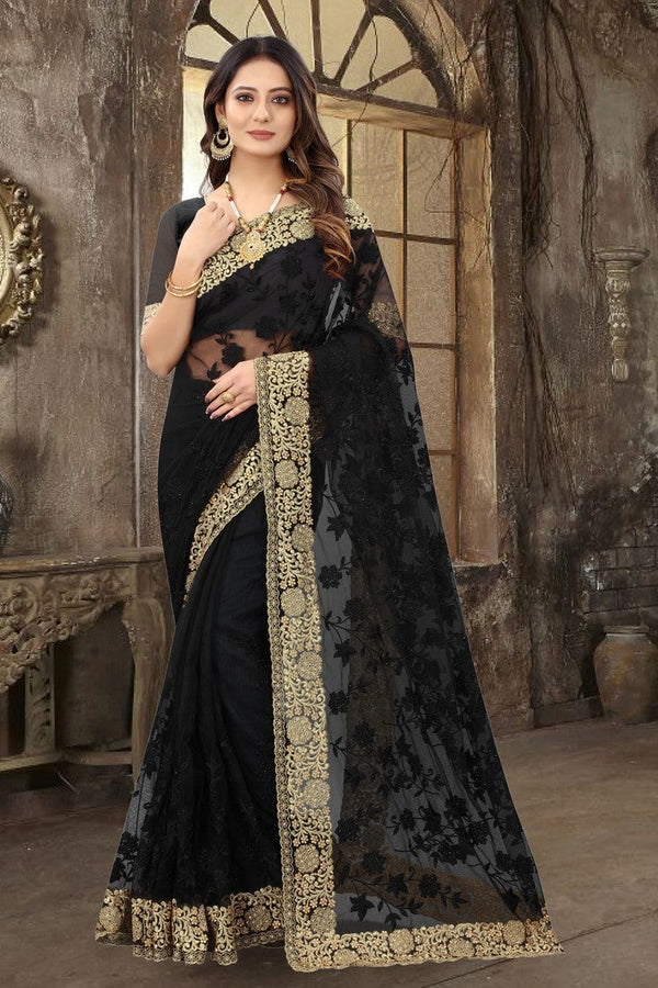 Dazzling Black Color Net Fabric Partywear Saree