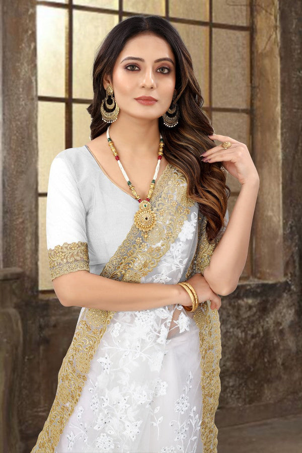 Dazzling White Color Net Fabric Partywear Saree
