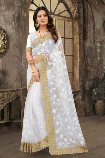 Dazzling White Color Net Fabric Partywear Saree