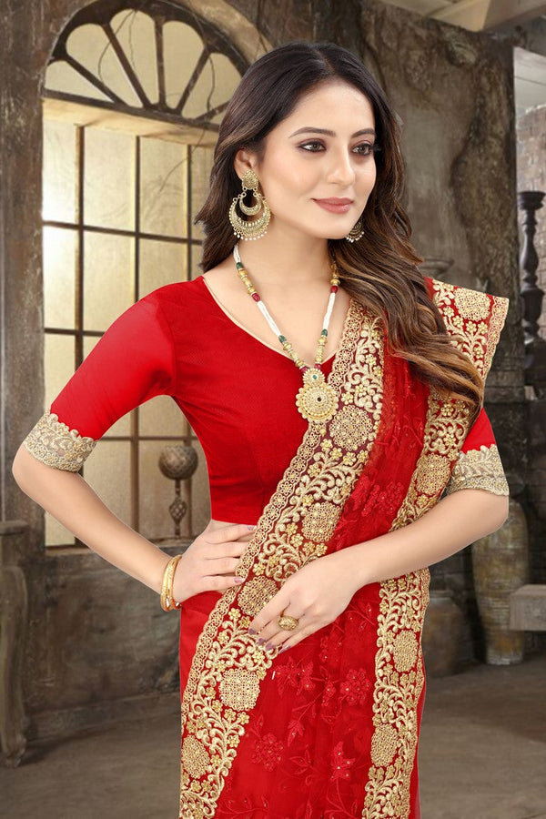 Dazzling Red Color Net Fabric Partywear Saree