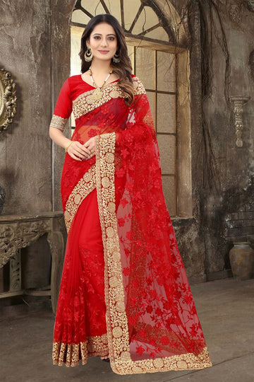 Dazzling Red Color Net Fabric Partywear Saree