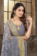 Dazzling Grey Color Net Fabric Partywear Saree