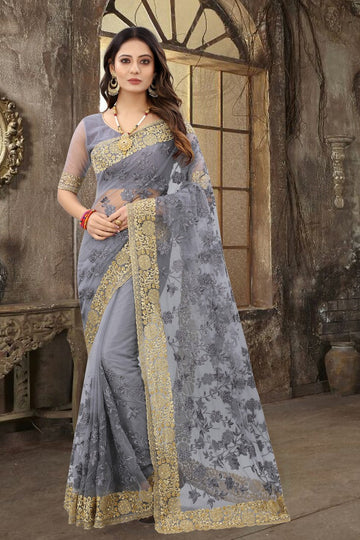 Dazzling Grey Color Net Fabric Partywear Saree