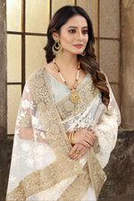 Dazzling Cream Color Net Fabric Partywear Saree