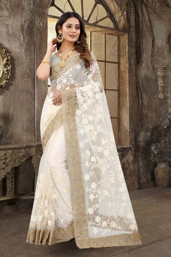 Dazzling Cream Color Net Fabric Partywear Saree