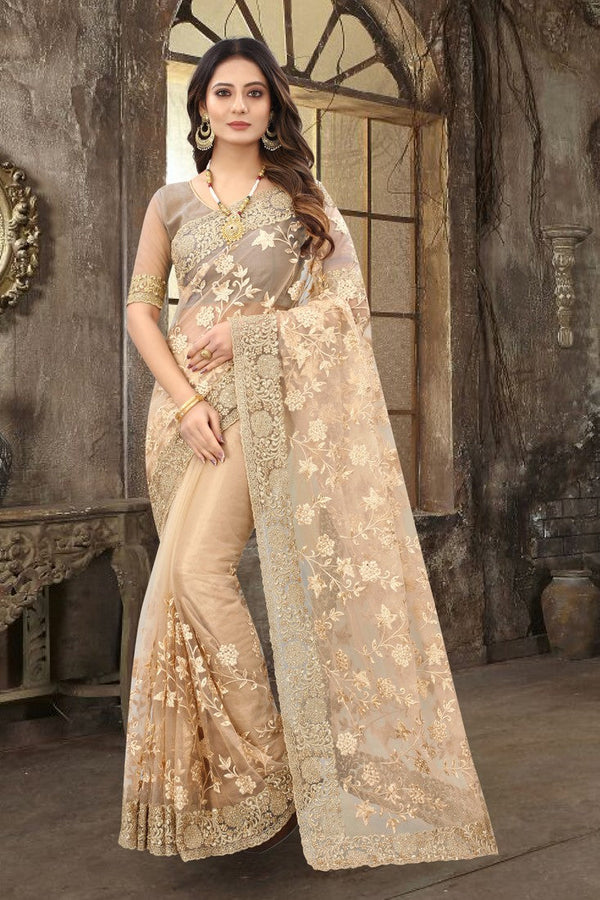 Dazzling Beige Color Net Fabric Partywear Saree
