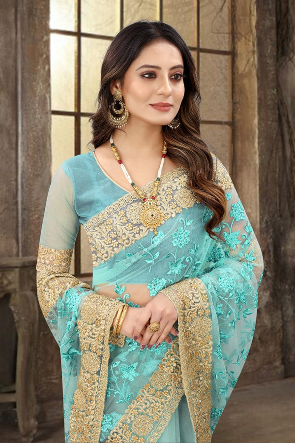Dazzling Aqua Color Net Fabric Partywear Saree