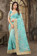 Dazzling Aqua Color Net Fabric Partywear Saree