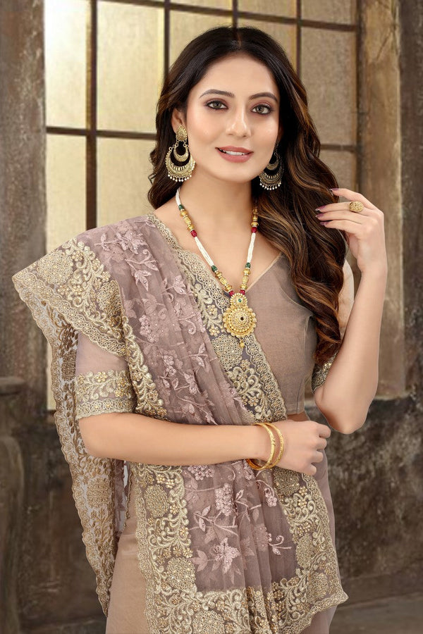 Dazzling Grey Color Net Fabric Partywear Saree