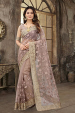 Dazzling Grey Color Net Fabric Partywear Saree