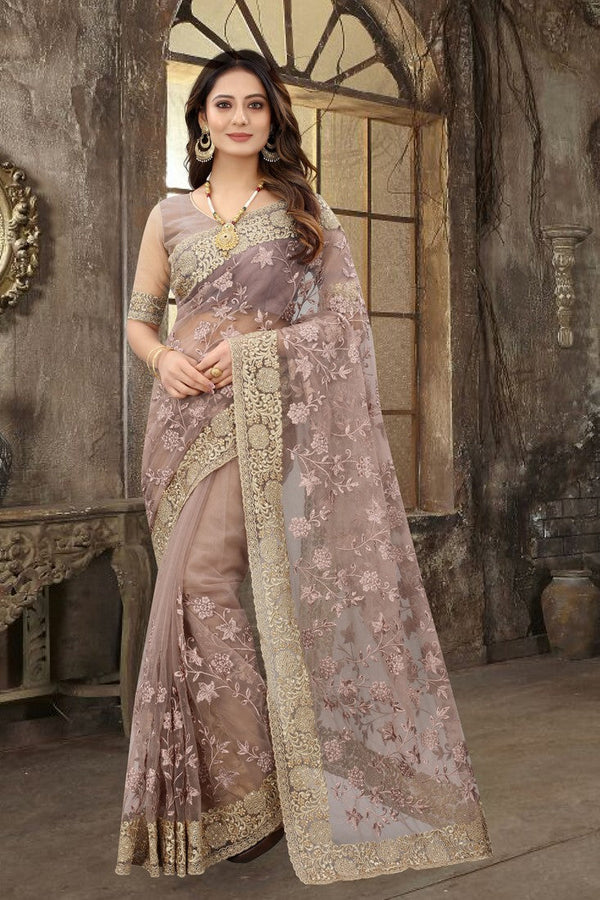 Dazzling Grey Color Net Fabric Partywear Saree