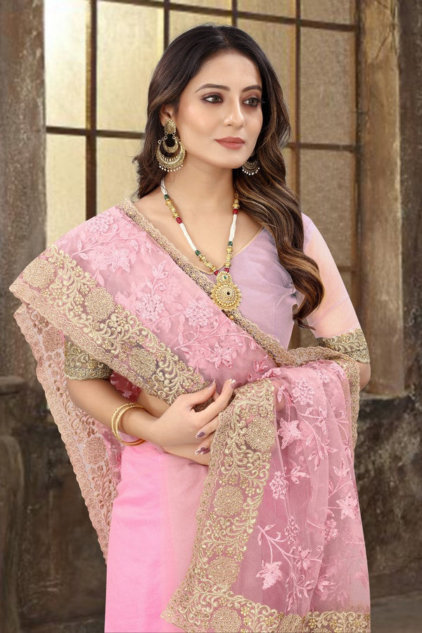 Dazzling Pink Color Net Fabric Partywear Saree