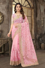 Dazzling Pink Color Net Fabric Partywear Saree