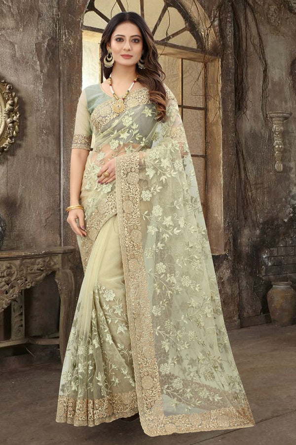 Dazzling Green Color Net Fabric Partywear Saree