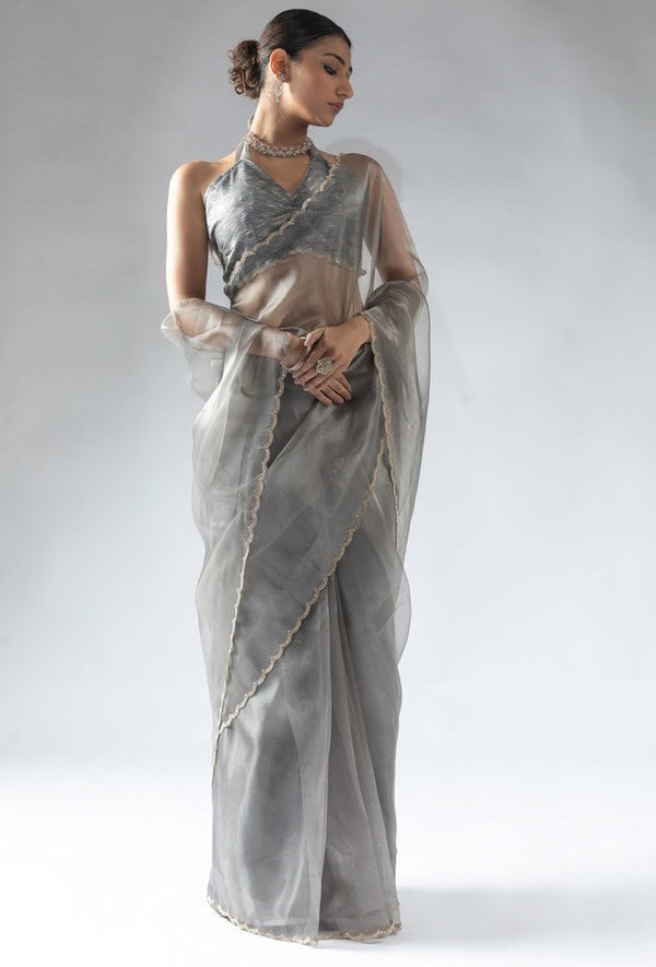 Fabulous Grey Color Tissue Fabric Designer Saree